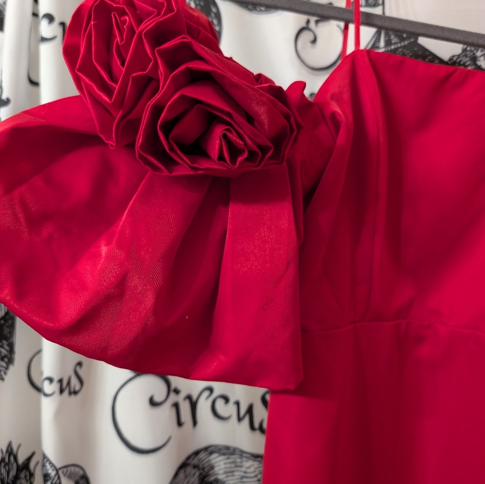 DO+BE Red Mini Dress with Rosette Puff Sleeves - Picture 2 of 5